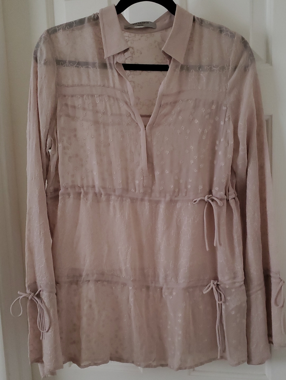 AllSaints Abelie Pale Pink Embroidered Sheer Top